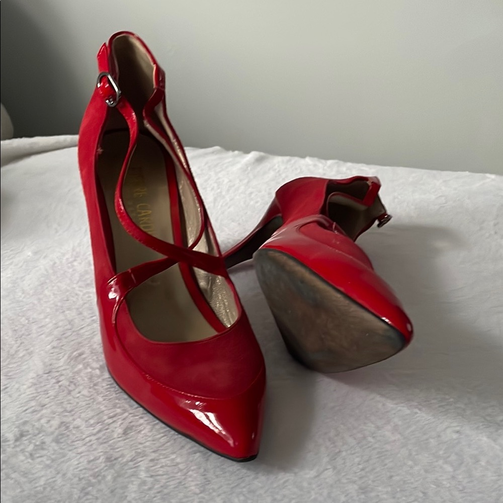 Pierre Cardin red straps pointy heels patent and suede